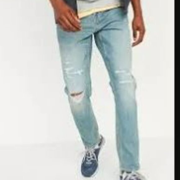 OLD NAVY Men's 33 X 32 Slim Built-in-Flex Denim Blue Jeans Med Wash Distressed - Picture 1 of 7
